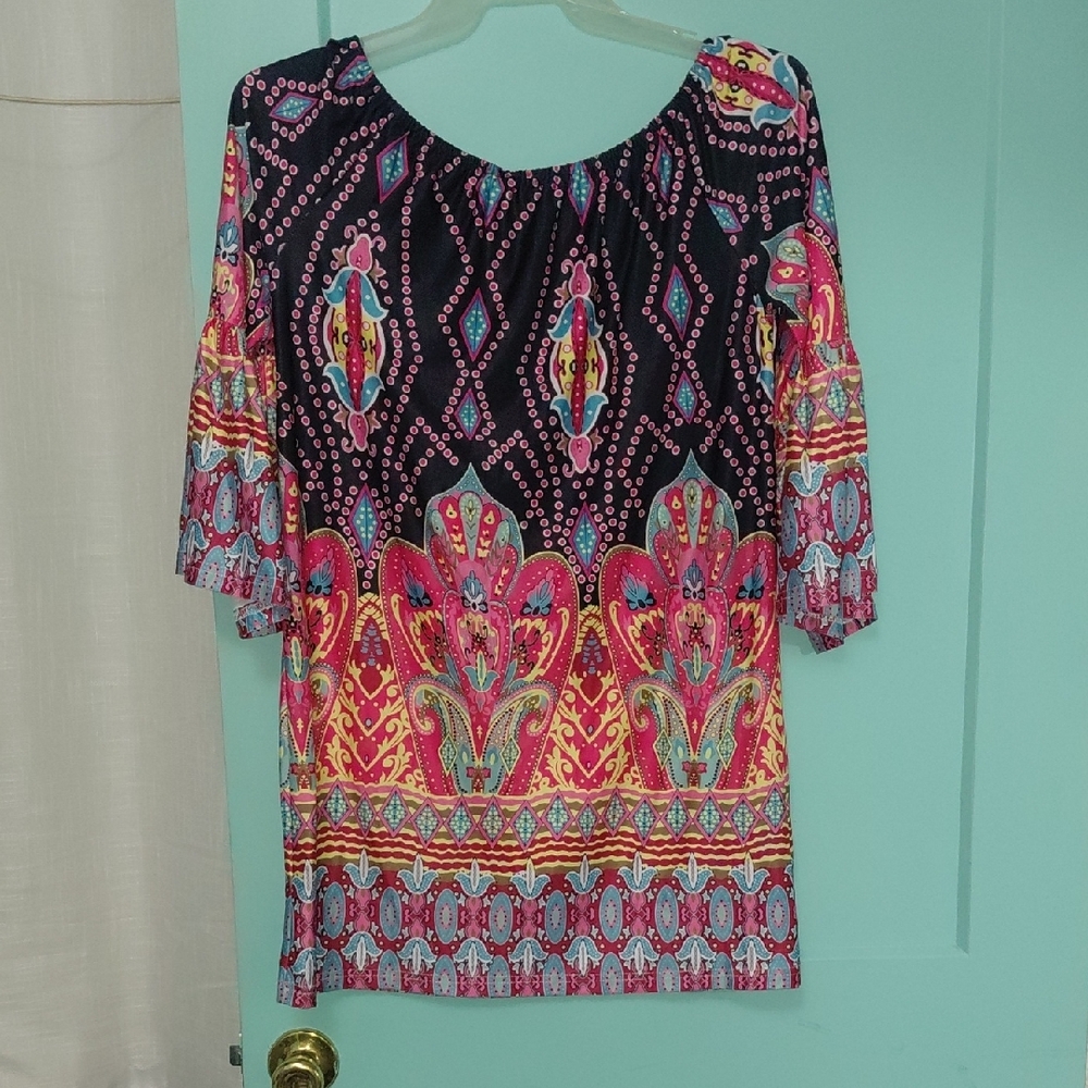 Vibrant Patterned Dress with 3/4 Sleeves